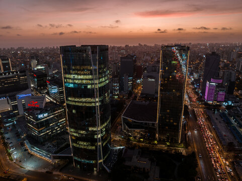 Aerial panoramic view of buildings in San Isidro district in Lima. Sunset. 