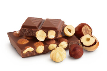 Chocolate with hazelnuts isolated on white background with full depth of field.