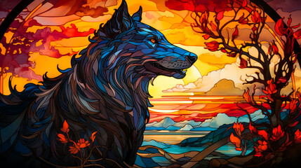Stained glass picture of wolf in forest at sunset.