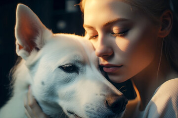 Model tenderly touching her dog with closed eyes