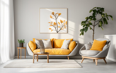 Stylish orange colour living room with design furniture, plants, book stand and wooden desk. Modern decor of bright room. Created with Generative AI