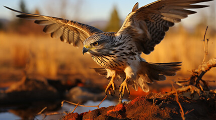 Flying Falco tinnunculus hunting in a shaking flight. Generative AI - obrazy, fototapety, plakaty