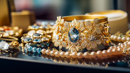 jewelry store window display with gold jewellery and precious stones. jewelry, luxury, jewelry and accessory concept - close up of gold bracelets and rings. 