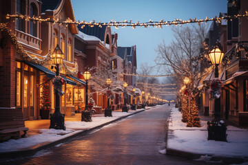 snowy evening street decorated with christmas decorations. winter holidays in the town