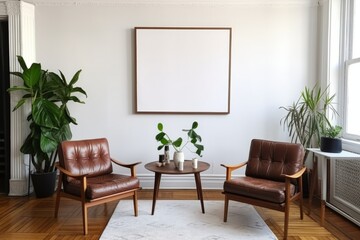 Modern living room interior composition with mockup poster frame