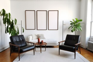 Modern living room interior composition with mockup 3 poster frame
