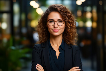 Woman with glasses is posing for picture with her arms crossed.