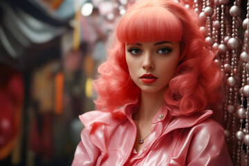 Woman with red hair and pink jacket on mannequin.