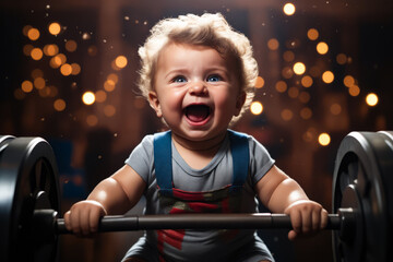Baby boy is sitting on chair and laughing with his mouth open. - obrazy, fototapety, plakaty