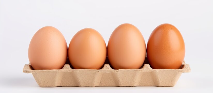 A carton holds a trio of eggs that are brown in color