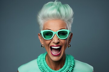 Joyful Senior Model Embraces Playful Green Fashion, Radiating Positivity in Photo Studio. Happy lady