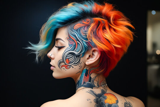 Woman with colorful hair and tattoos on her face and neck.