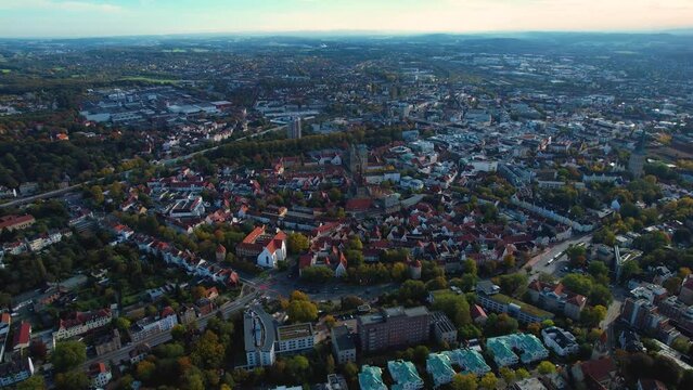 Aerial view around the old town of Osnabrück in Germany on a sunny spring day