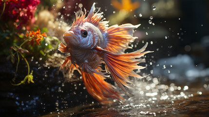 faux fur fish jump above the splash water, fantasy illustration image. Generative AI