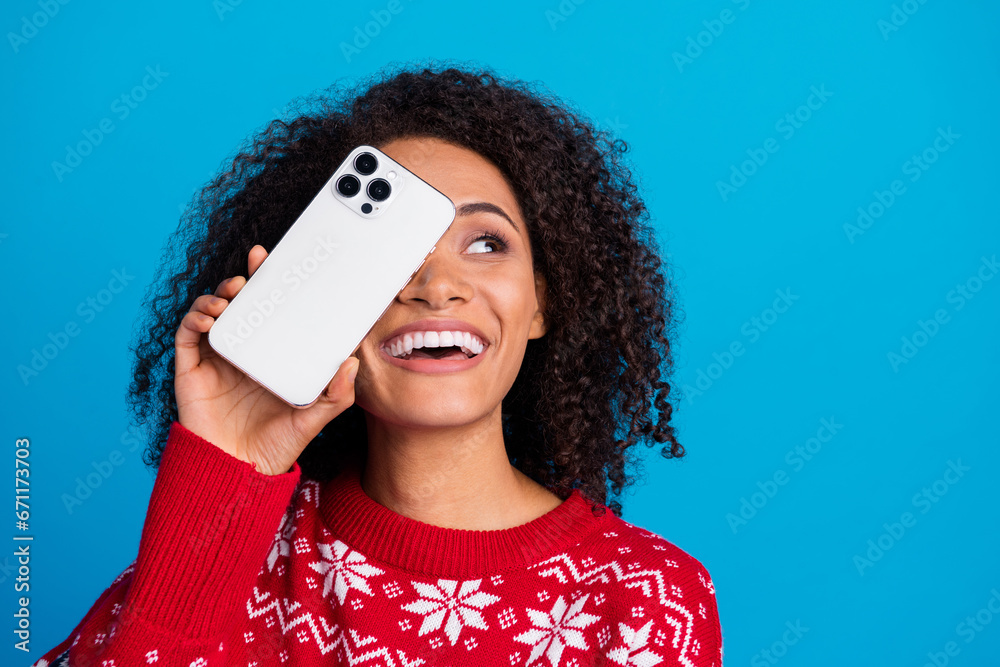 Poster photo of attractive charming girl curly black hair cover face show samsung iphone gadget look empty 