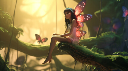 Fairy sitting on a tree branch while looking forwards. Generative AI