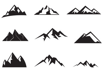 Mountain peak silhouettes. Black hills, top rocks. Mountains symbols, extreme sport hiking climbing travel or adventures. Isolated geology landscape elements vector set - obrazy, fototapety, plakaty