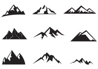 Poster Mountain peak silhouettes. Black hills, top rocks. Mountains symbols, extreme sport hiking climbing travel or adventures. Isolated geology landscape elements vector set © Suparna