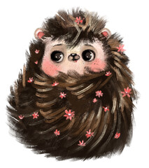 Cute hedgehog character hand drawn watercolor illustration with floral pink rose peony flower holiday decoration isolated on white background.