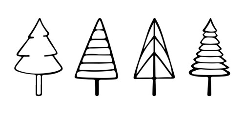 Christmas Trees Doodle Set. Vector Hand drawn Editable Illustration. Black contour of Spruces on white background