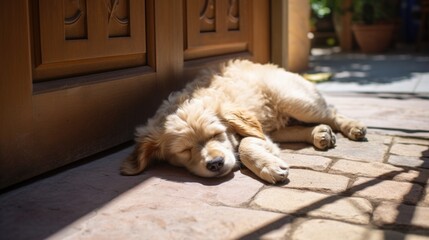 A dog laying on the ground in front of a door