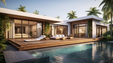 Fototapeta premium Exterior design of a large modern luxury pool mansion. Feature wooden decking, sunbed, large swimming pool, and verdant garden home, house, building, hotel, resort