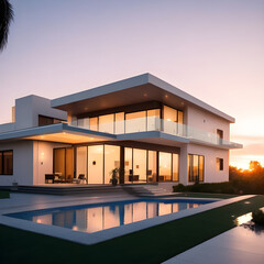 Exterior of modern villa with at sunset