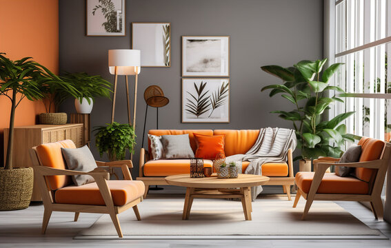 Stylish orange colour living room with design furniture, plants, book stand and wooden desk. Modern decor of bright room. Created with Generative AI