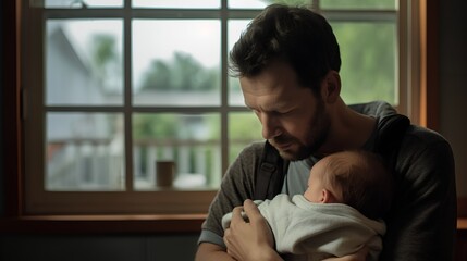 Fathers postpartum depression. Sad PPD condition after having baby. Sadness, anxiety, worry and tiredness that last for a long time after newborn birth. Man nursing infant. Tired male with children.
