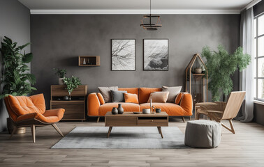 Fototapeta premium Stylish orange colour living room with design furniture, plants, book stand and wooden desk. Modern decor of bright room. Created with Generative AI