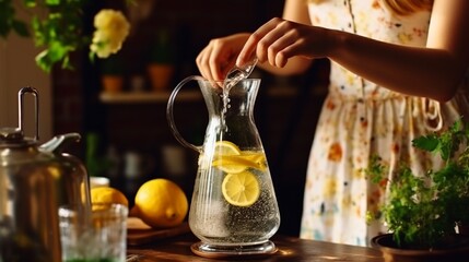 Female hands pour water from a decanter into a glass beaker filled with lemon and ice. The concept of health and diet. On a hot day, this will quench your thirst. - obrazy, fototapety, plakaty