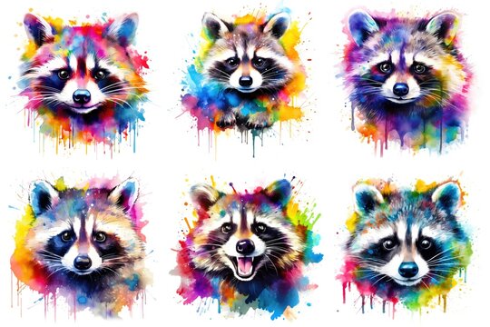 A set of six raccoons painted in different colors, watercolor clipart on white background.