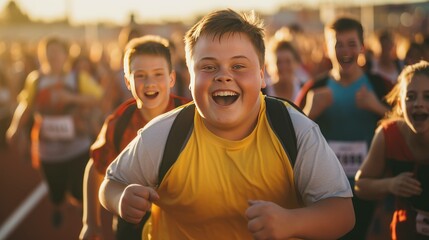 Overweight child athlete participating in a running race.