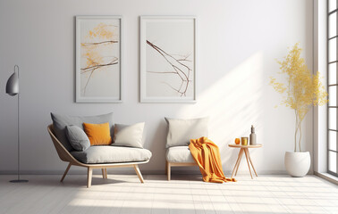 Stylish orange colour living room with design furniture, plants, book stand and wooden desk. Modern decor of bright room. Created with Generative AI