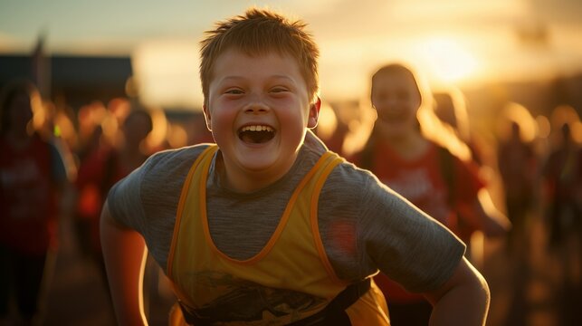 Overweight Child Athlete Participating In A Running Race.