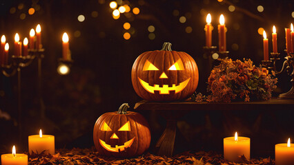 Halloween pumpkins and candles decoration