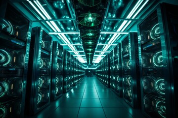 Bitcoin miners in large farm. ASIC mining equipment on stand racks mine cryptocurrency in steel container. Blockchain techology application specific integrated circuit datacenter. Server room lights.