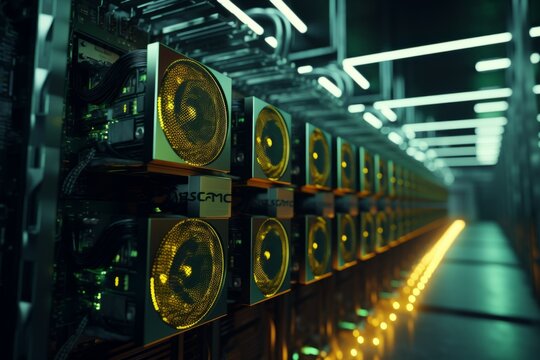 Bitcoin miners in large farm. ASIC mining equipment on stand racks mine cryptocurrency in steel container. Blockchain techology application specific integrated circuit datacenter. Server room lights.
