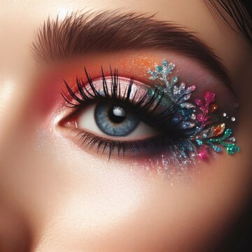 A close-up of a woman's eye showcases vibrant makeup and floral accents. Eye makeup.