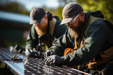 Obraz premium Two men working on solar panel together in field.