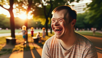 A happy dude with down syndrome grinning at a bunch of kiddos, spreading joy and love all around! - obrazy, fototapety, plakaty