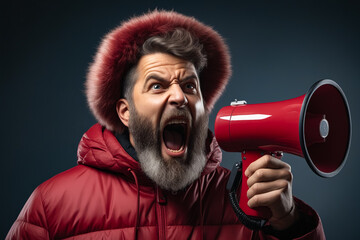 Man with red coat and red blow dryer.