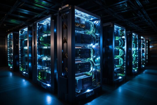 Bitcoin miners in large farm. ASIC mining equipment on stand racks mine cryptocurrency in steel container. Blockchain techology application specific integrated circuit datacenter. Server room lights.