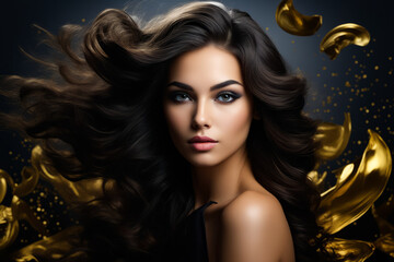 Woman with long hair and gold foil on her face.