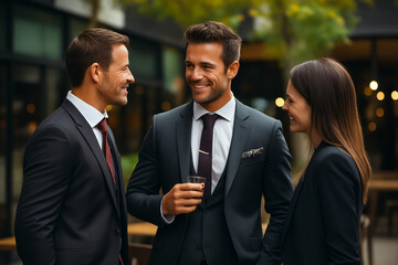 Man in suit and tie talking to two women.