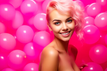 Obraz na płótnie Canvas Woman with pink hair and pink background with pink balloons.