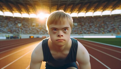 A determined young runner with Down syndrome kneeling on the race track at a stadium, ready to start a running race.