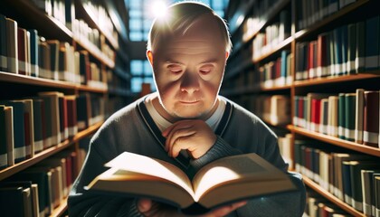 An elderly man with down syndrome reading a book in the library. - obrazy, fototapety, plakaty