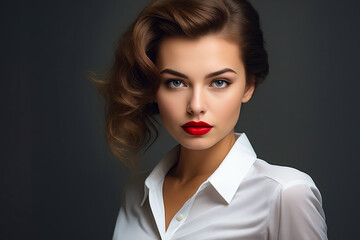 Woman with red lipstick and white shirt. - obrazy, fototapety, plakaty