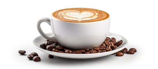 A cappuccino filled coffee bean creates a coffee cup displayed on a white background This photo manipulation is perfect for any coffee themed content with plenty of room for text